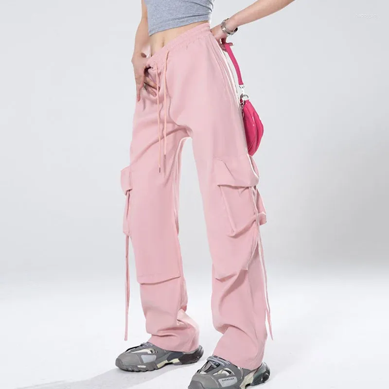 Women's Pants Rimocy Y2K Streetwear Pink Cargo Women 2023 Casual Big Pockets Oversized Overalls Woman Baggy Wide Leg Straight Trousers
