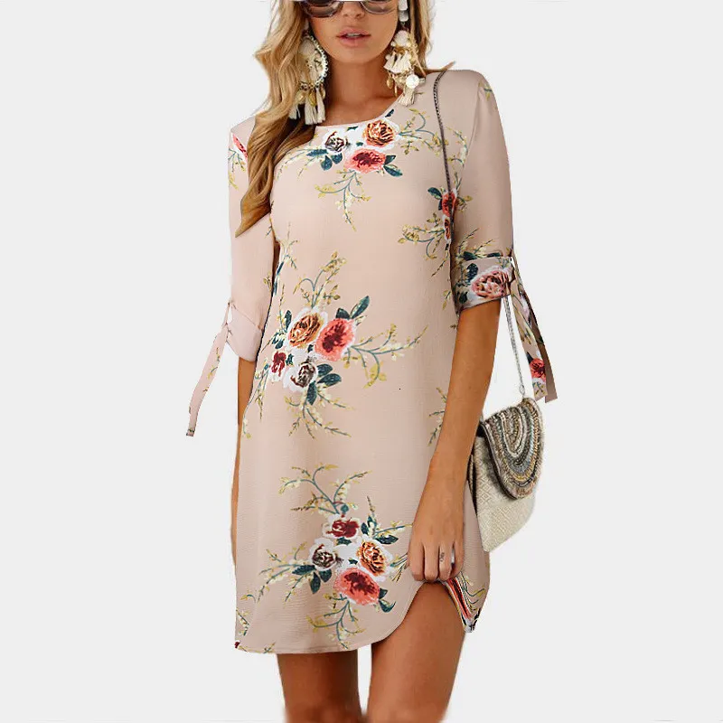 Robes décontractées Femmes Summer Boho Style Floral Print Mousseline de mousseline de mousseline de plage Tunique Robe d'été Lâche Mini Party Robes 230424