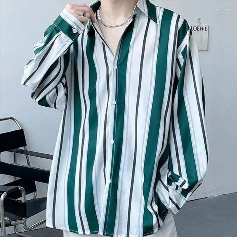 Men's Casual Shirts Spring Summer Clothing Long Sleeve Lapel Striped Printed Fashion Loose Trend Oversized Hong Kong Handsome Shirt