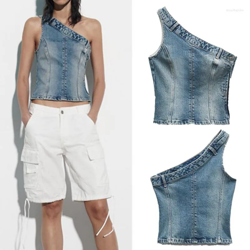 Damestanks cos lris zomer dames casual Amerikaanse retro hellende schouders asymmetrische slanke denim topvest 6045/005