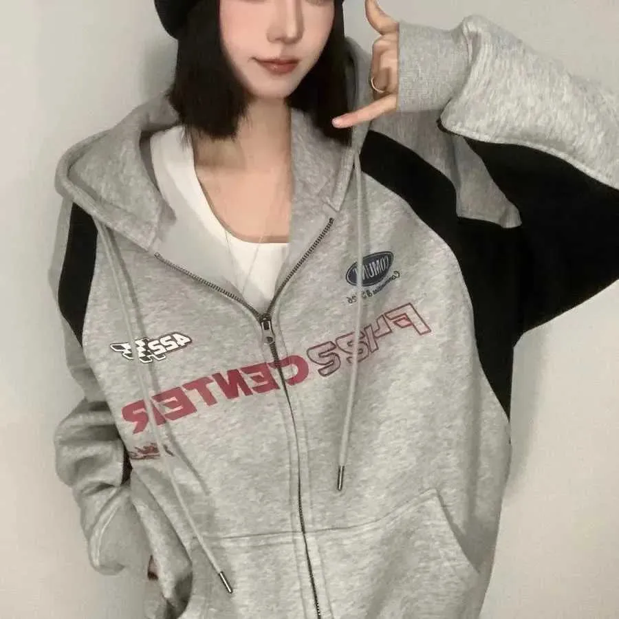 Kvinnors hoodies tröjor houzhou vintage överdimensionerad zip up hoodies kvinnor streetwear koreansk mode harajuku tröja hooded baddie kläder grafik zln231124