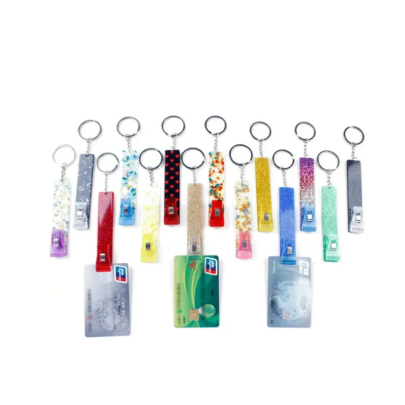 Popular armor contact-free credit card extractor keychain party gift flash acrylic bank card keychain protective nail extractor