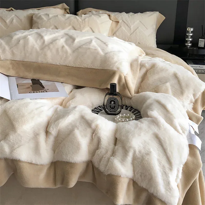 Bedding sets Super Soft Winter Velvet Fleece Bedding Warm Imitation Rabbit Plush Duvet Cover Set Blanket Bed Sheet Set Bedspread Pillowcases 231123