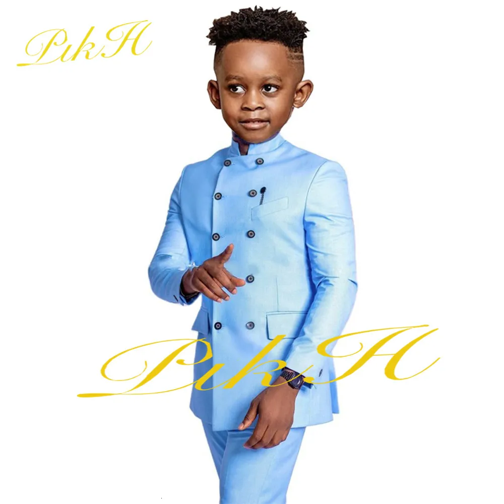Suits Boys Suit Wedding Double Breasted Jacket Pants 2 Piece Kids Sky Blue Dress Child Full Outfit 2-16 Years Old 230424