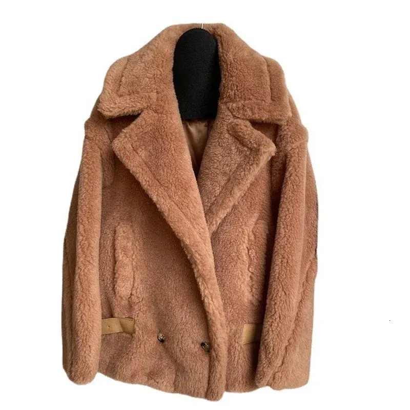 Damenfell-Kunstpelz-Damenjacke, Teddybär-Mantel, Winter-Kurzmantel, weiblich, Herbst, modisch, lässig, Kamel, zweireihig, High-End-Warmmantel, 231123