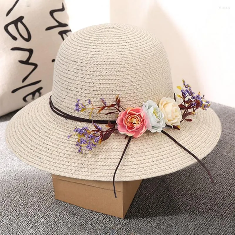 Chapeaux à large bord décor de fleurs artificielles dôme rond chapeau de soleil femmes été disquette parasol bassin