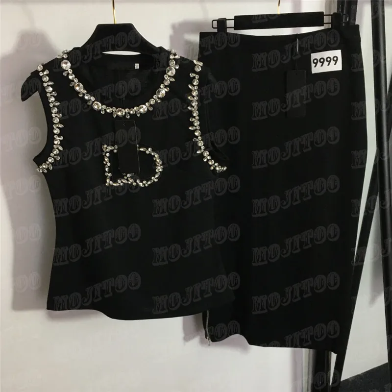 Rhinestone Letter Women Tank Top Dress Two Piece Sleeveless Vest Side Zipper Split High Waist Skirts Casual Sets