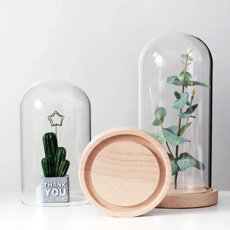 Flaskor glas kupol täcker terrarium flaska med trä bas burk display stativ odödlig blommor dammskydd lådor