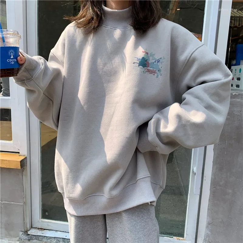 Colegados femininos de veludo de grande porte de roupas calorosas tocos de harajuku com gola alta estampada kawaii pullover simples moletom coreano de estilo coreano