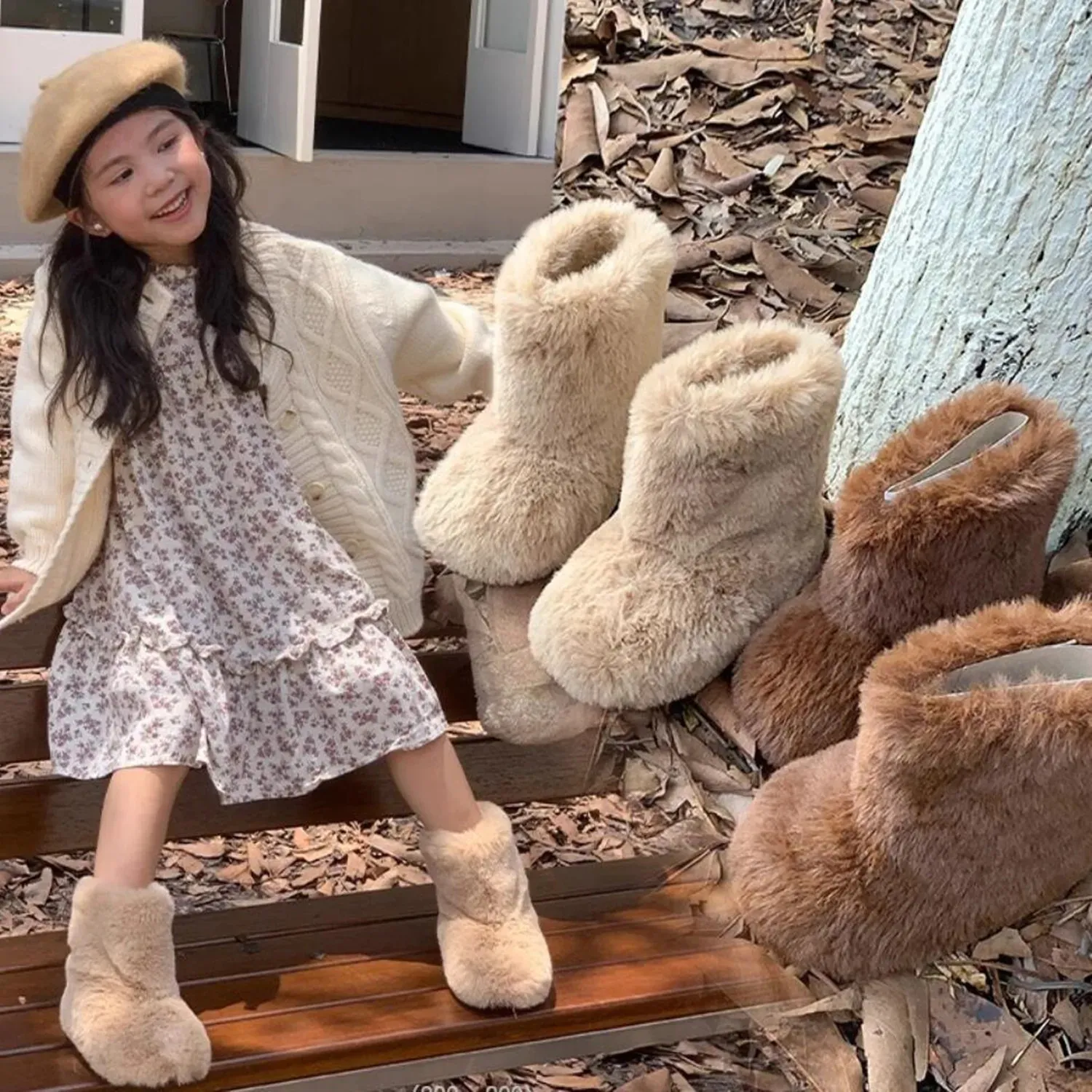 Botas crianças fofo pele neve inverno bebê macio sapatos de algodão quente com sapato de pelúcia moda meninas princesa grossa bota alta 231123