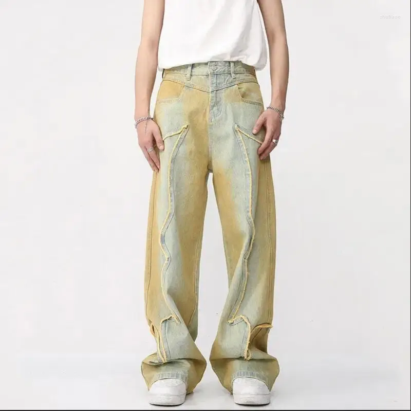 Jeans pour hommes High Street Mode masculine Vintage Tendance Style américain Dégradé Droit Denim Pantalon Bavures Pantalon 2023 W605