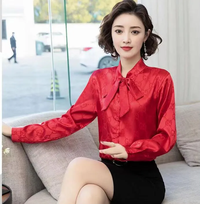 Luxury Womens Ice Silk Blouse With Lace Up Bow, Lantern Print