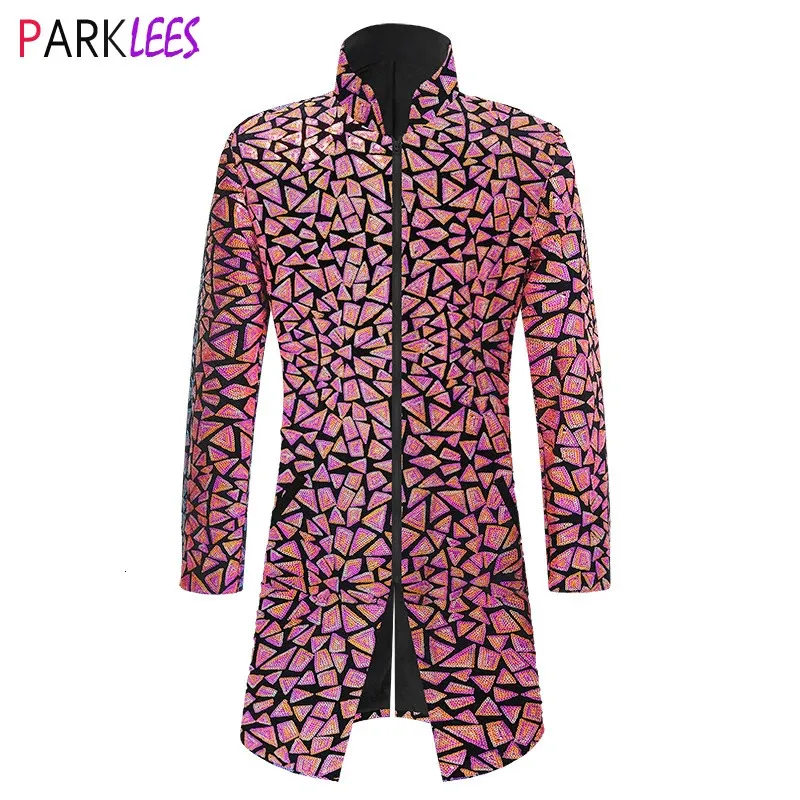 Herren Anzüge Blazer Glänzend Rosa Geometrische Pailletten Lange Blazer Jacke Männer Stehkragen Reißverschluss Glitter Party Prom Bühne Kostüm Homme 5XL 231123