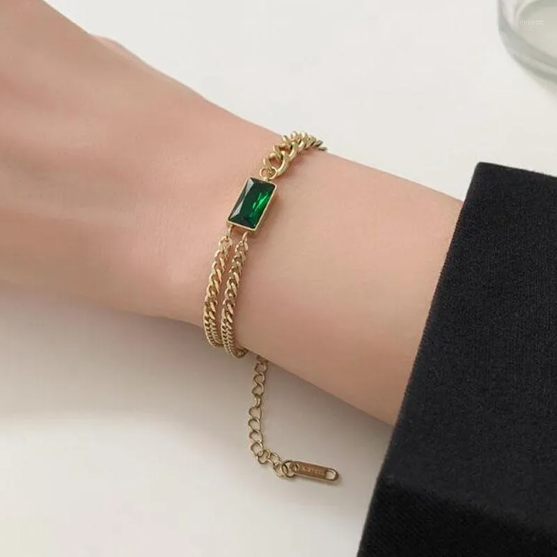 Länkarmband 18 K guldpläterad rostfritt stål armband smycken för kvinnor grön zirkoniumkedja krage metall kristall sten bijoux droppe