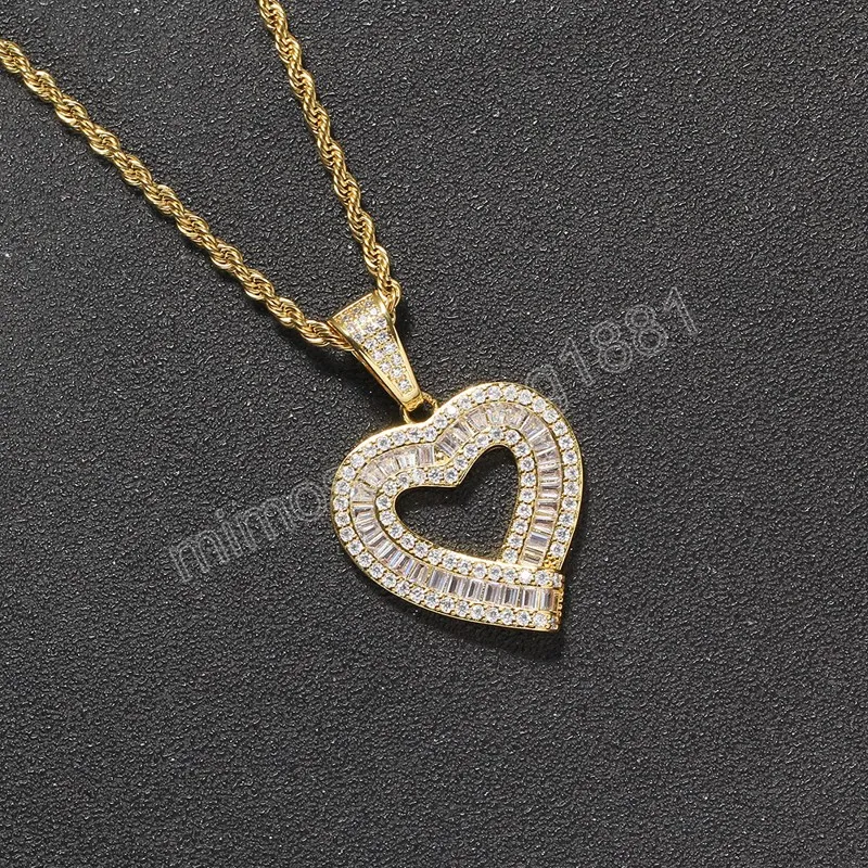 Or Couleur Bling Glacé Évider Coeur Pendentifs Colliers Pavé AAA Zircon Pierre pour Hommes Bijoux De Mode