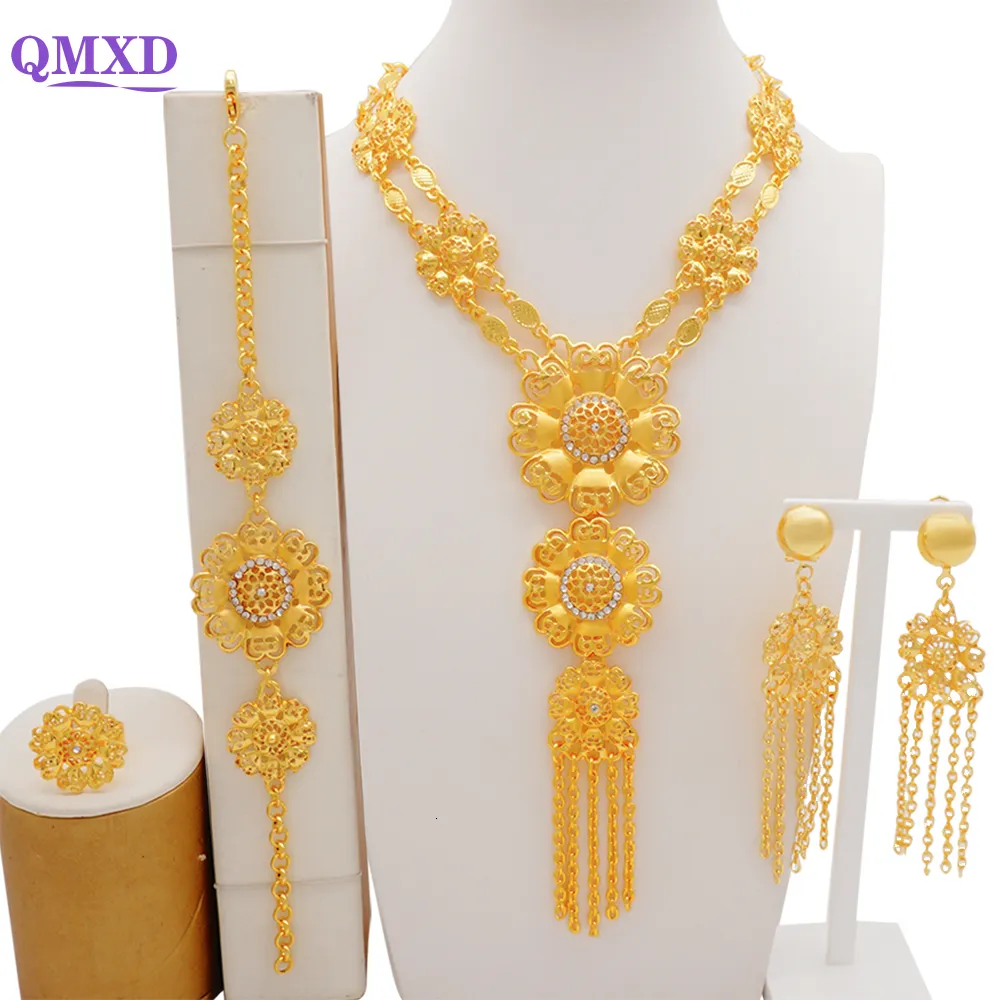 Ensembles de bijoux de mariage luxe cristal fleur Dubai or couleur ensembles de bijoux pour les femmes mariée longue gland collier ensembles africain arabe cadeaux de fête de mariage 230422