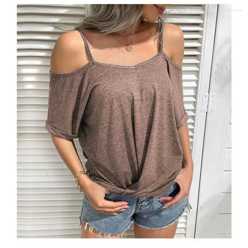 Camisetas de mujer 2023, Blusas de verano, camiseta de manga corta, Tops de algodón, camiseta informal con cuello en V para mujer, ropa con hombros descubiertos 25782