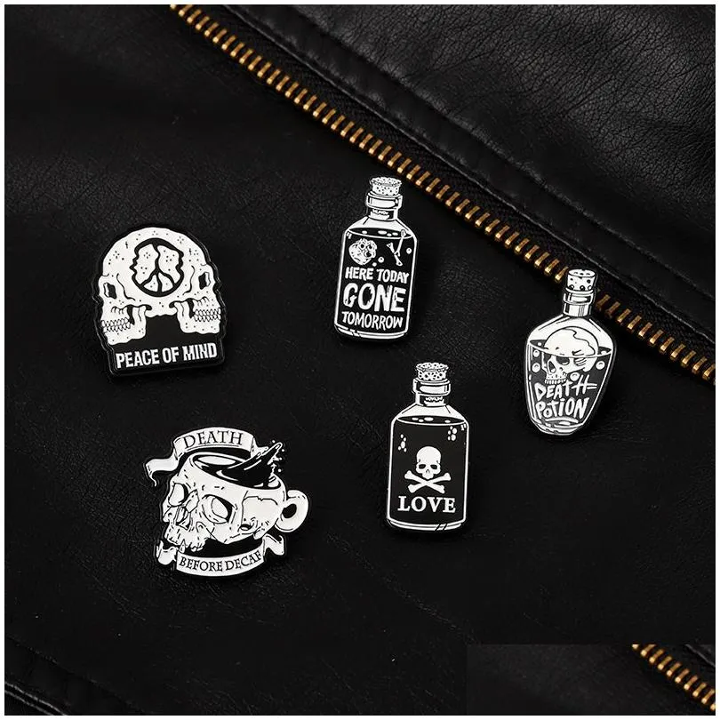 Cartoon Accessories Punk Skeleton Enamel Pins Custom Black White Skl Potions Brooches Lapel Badges Cool Gothic Jewelry Gift For Frie Dhnug