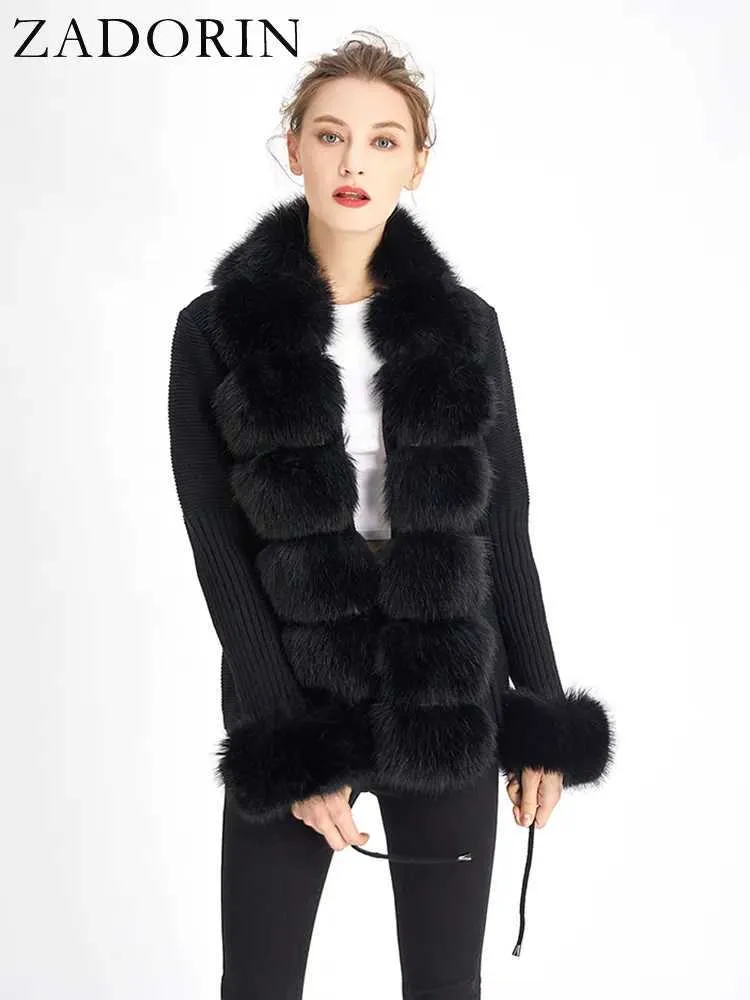 Luxury Fur Cardigan Knit Winter Sweater Women Elegant Detachable Belt White Pink Black Womens Korea Style