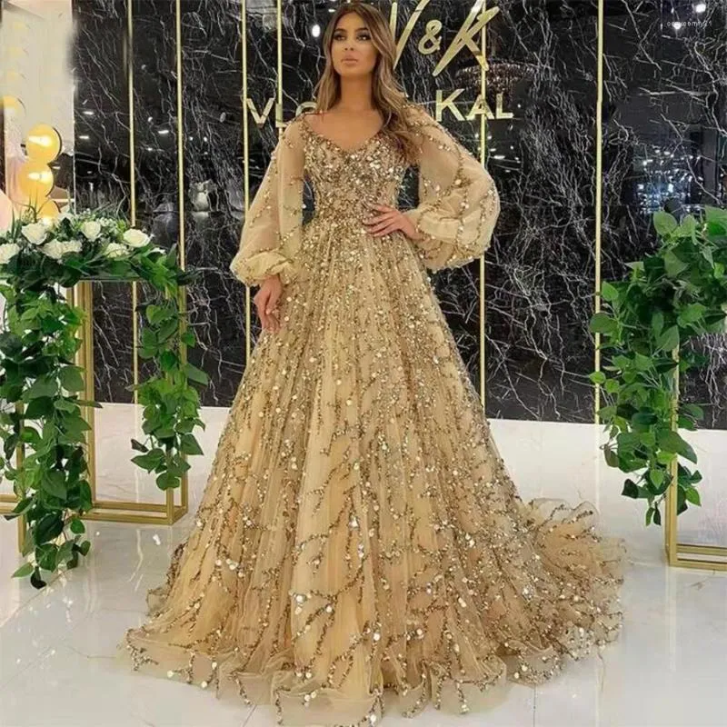 Party Dresses Luxury Gold Sequins Pärlor Prom Long Puff Sleeves A-Line Wedding Woman Evening Glown Custom Vestidos de Fiesta