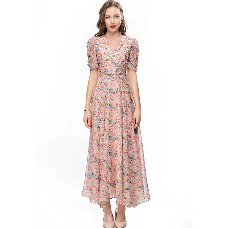 Womens Runway Dresses Sexy V Neck Short Sleeves Floral Printed