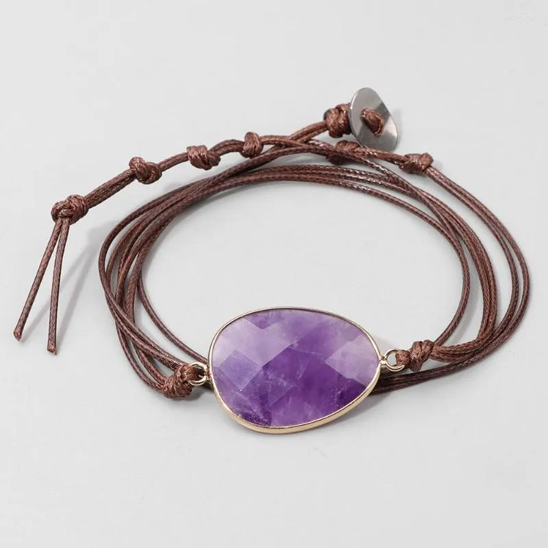 Strand Natural Amethyster Stone Pärlor armband läder Vattentät vaxtråd Wrap Armband Män kvinnor Justerbara knutrepsmycken