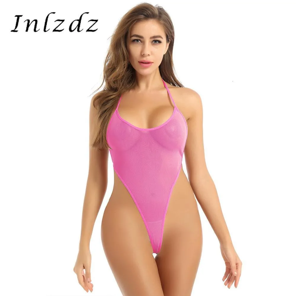 Kadın tulumları yükseltmeler bodysuit şeffaf örgü yular boyun strappy sırtsız sexut seksi tanga leotard geceleme 230424