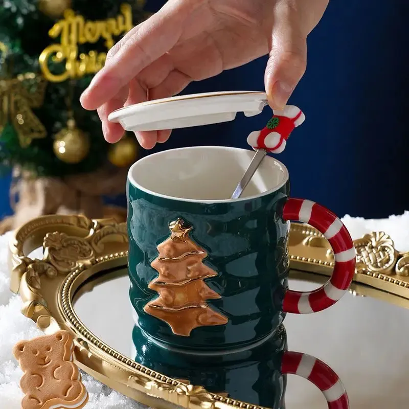 Tasse De Noël En Céramique En Forme De Sapin Avec Couvercle Et Cuillère - Mignon Et Festif - Cadeau Idéal Pour Noël