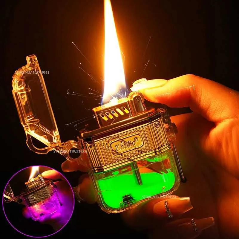 Lighters New unusual lighter quicksand LED flashlight electronic kerosene jet flame windproof waterproof birthday gift