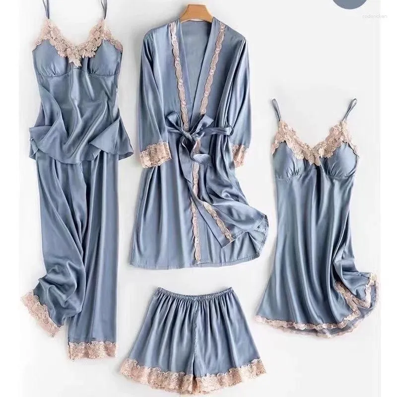 Damen-Nachtwäsche-Pyjama für Frühling und Sommer, dünnes fünfteiliges Set, sexy Straps-Pyjama-Kleid, locker sitzend, mit Brustpolster