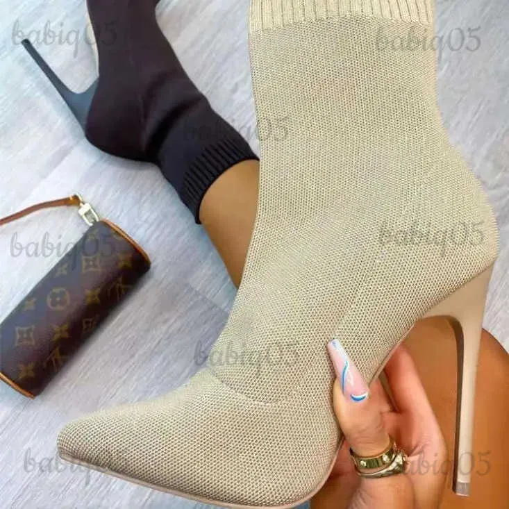 Botas Novas Mulheres Meias Sapatos Tecido Estiramento Mulheres Tornozelo Botas Dedo Apontado Salto Alto Slip-On Sexy Sock Heeled Chelsea Boots Tamanho 36 ~ 43 T231124