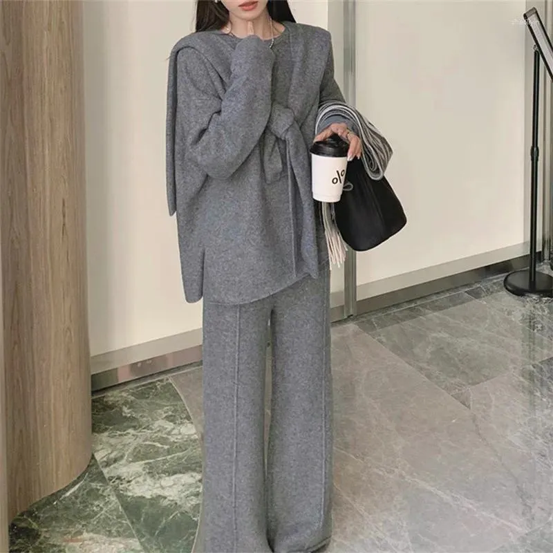 Women's Two Piece Pants Three Sets Women Outfit Autumn Knitted Sweater Shawl Wide Leg Set Casual Winter Thick Office Ladies Knit