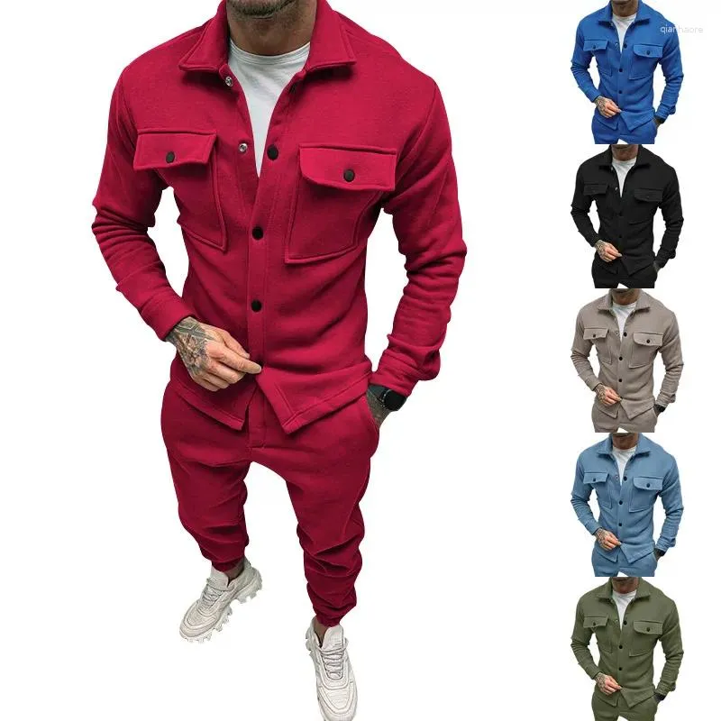 Men's Tracksuits Red Blue Autumn Sets Trendy Suede Jacket Pants 2 Pieces Cargo Pocket Design Man Suits Casual Wear S-3XL