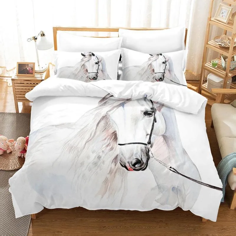 Sängkläder sätter White Horse 3D Animal Bed Linen Singel dubbel Tvillingstorlek för barn vuxna heminredning ingen ark lyx täcke täcke