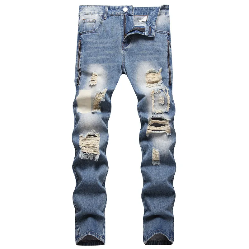 Retro Blue Slim-Fit Men's Jeans Nostalgic Ripped Denim Pants Zip Decorate Men Clothing