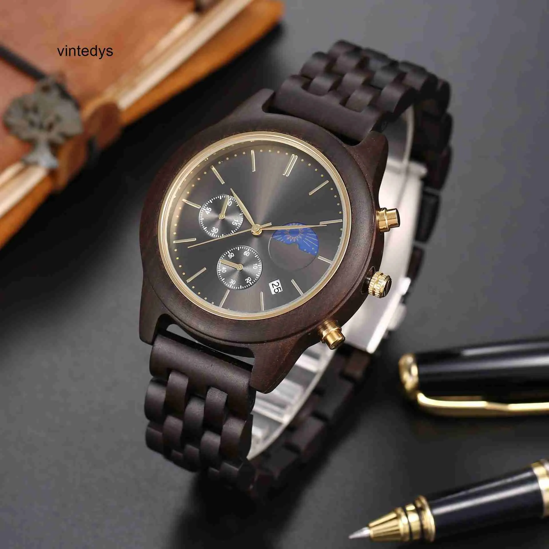 Montre de luxe nouvelle montre à Quartz créative pour hommes tout en bois fonction de bracelet calendrier lunaire