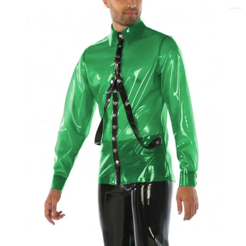 メンズカジュアルシャツメンズのターンダウン襟長いシャツエキゾチックなセクシーなビニールプラスチック製の男性ブラウスダルトンハーネスボタンアップトップス