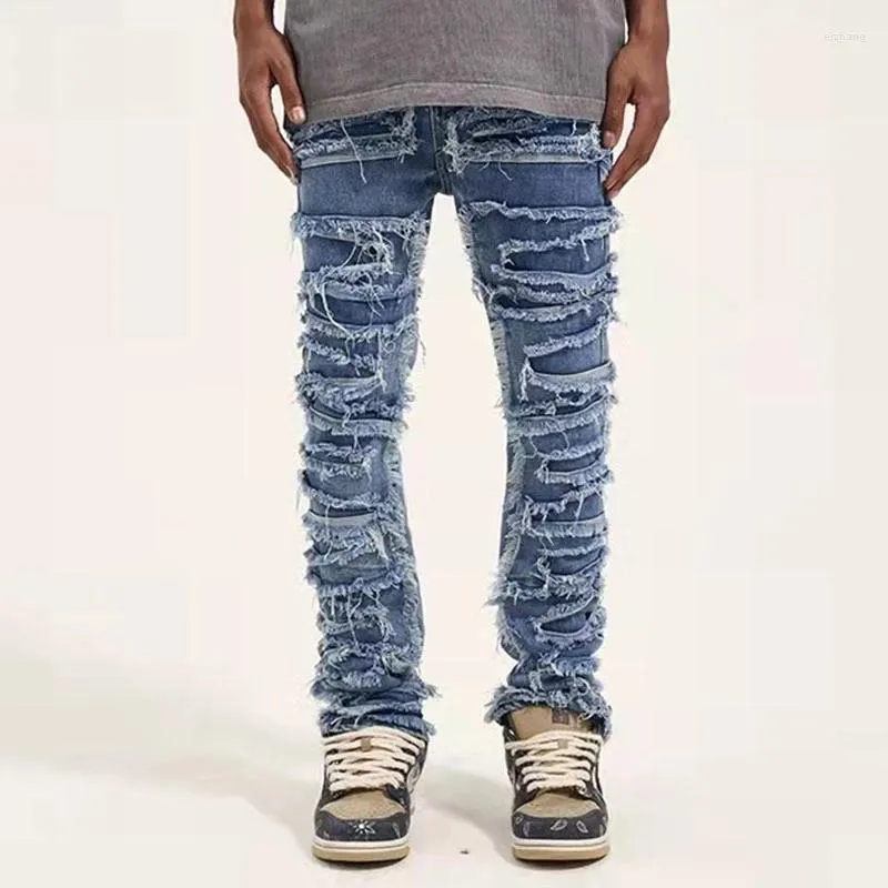 Men's Jeans Ripped Distressed For Men Straight Vintage Brushed Ruched Damage Holes Towel Hip Hop Streetwear Kpop Korean Denim Pants