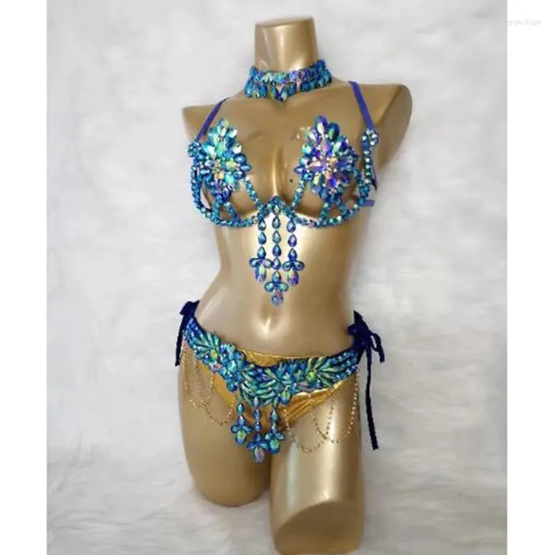 Stage Wear Blue Beads Samba Carnival Wire Bra Belt High Waist Panty Belly Dance Costume Rave Outfit Festival Clothes Performance Suit Women