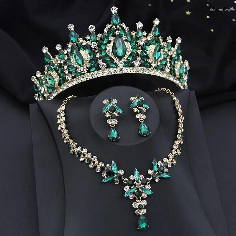 Ensemble collier et boucles d'oreilles, couronne verte, diadèmes et ensembles pour femmes, robe de mariée, accessoires de Costume