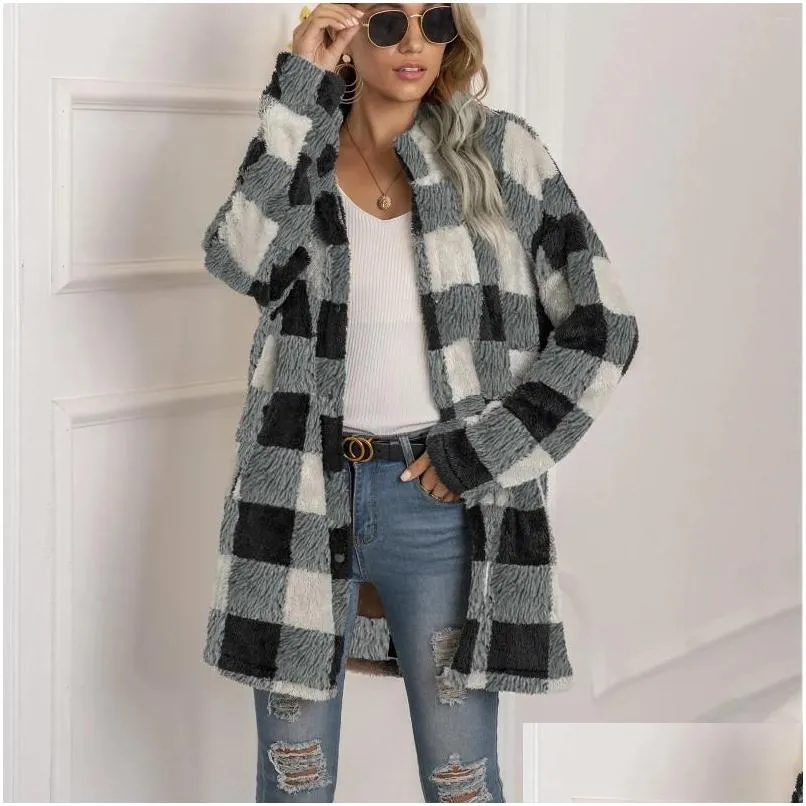 Women'S Jackets Femmes Vestes Femmes Automne Hiver En Peluche Plaid Revers Long Manteau Manches Bouton Épaissir Chaud Mode Coréenne Veste Drop D Otoey