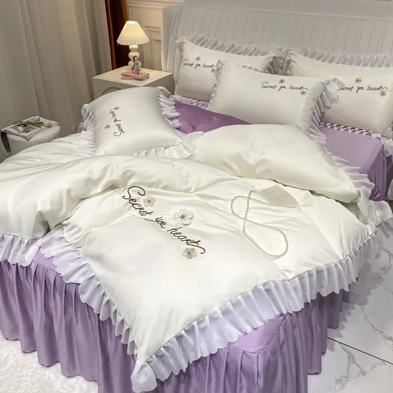 Gonna letto RainFire Gonna letto stile principessa Copripiumino Federe Set Copriletto in pizzo a quattro pezzi Set biancheria da letto queen size stile nordico 230424