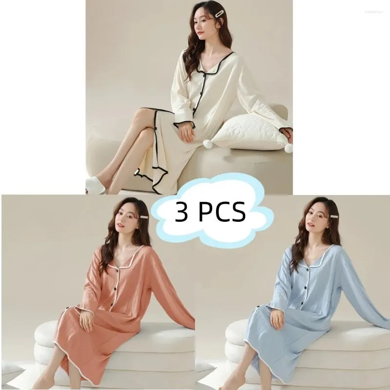Женская одежда для сна 2023, пижамы больших размеров, осенне-зимний кардиган, среднее удобное платье с длинными рукавами, 3 предмета
