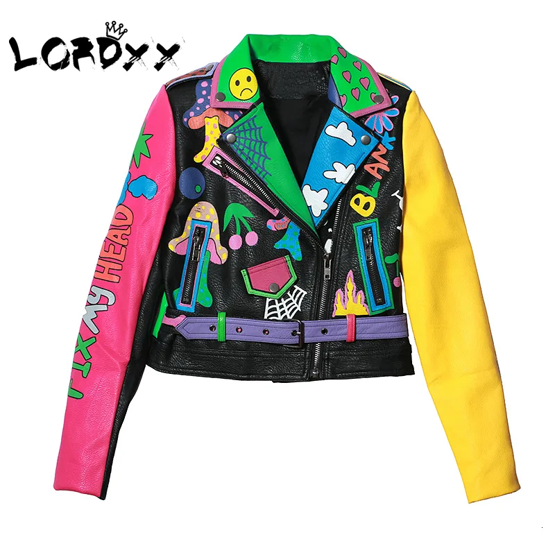 LORDXX Veste arc-en-ciel colorée pour femme, imprimé jaune, manches longues, manches courtes, veste en cuir, chaîne à fermoir, veste de moto 230425