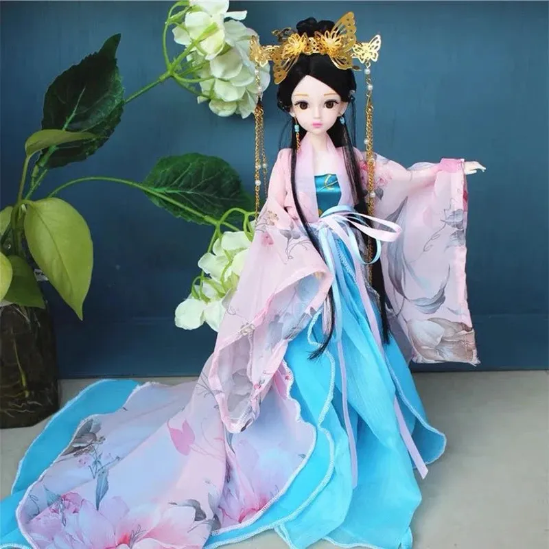 Dolls 30cm BJD Chinese Ancient Doll Hanfu Clothes Headdress Fairy Princess Trailing Skirt Drama Toys for Girls 231124