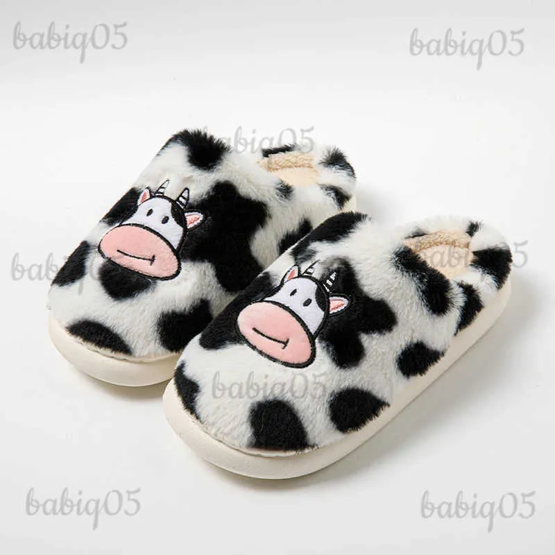 Pantoufles Accueil Pantoufles En Peluche Chaud Dessin Animé Vache Chaussures De Créateur Pour Hommes 2023 Hiver Coton Fourrure Diapositives Appartements Couple Décontracté Plate-Forme Chaussure T231125