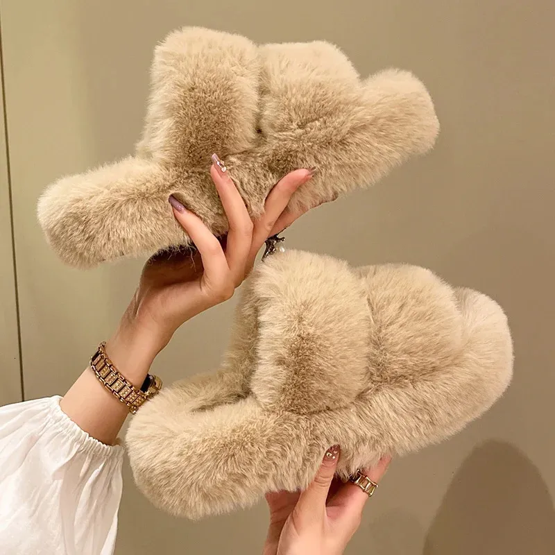 Slippare Warm Fluffy Home Slippers Women Winter Fur Slippers For Women Flat Platform Cozy Fuzzy House Indoor Shoes Korean Slides 231124