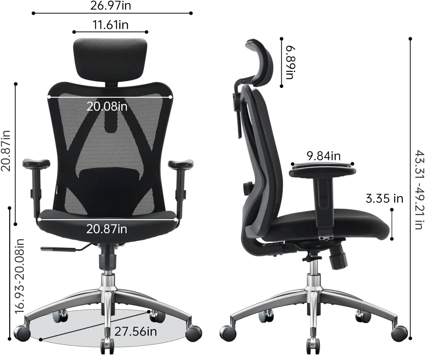 Chaise de bureau ergonomique pivotante avec roues et accoudoirs