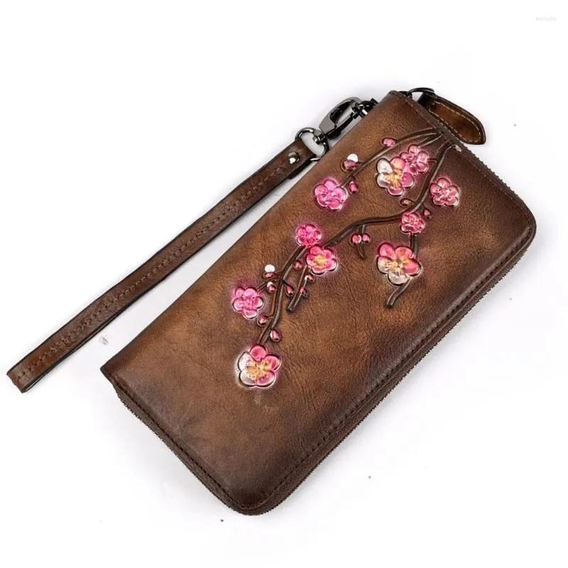 Carteiras em relevo feminino zíper bolsa de embreagem sacos de pulso cartões clipe flor ameixa retro dinheiro acessível saco de couro genuíno feminino carteira longa