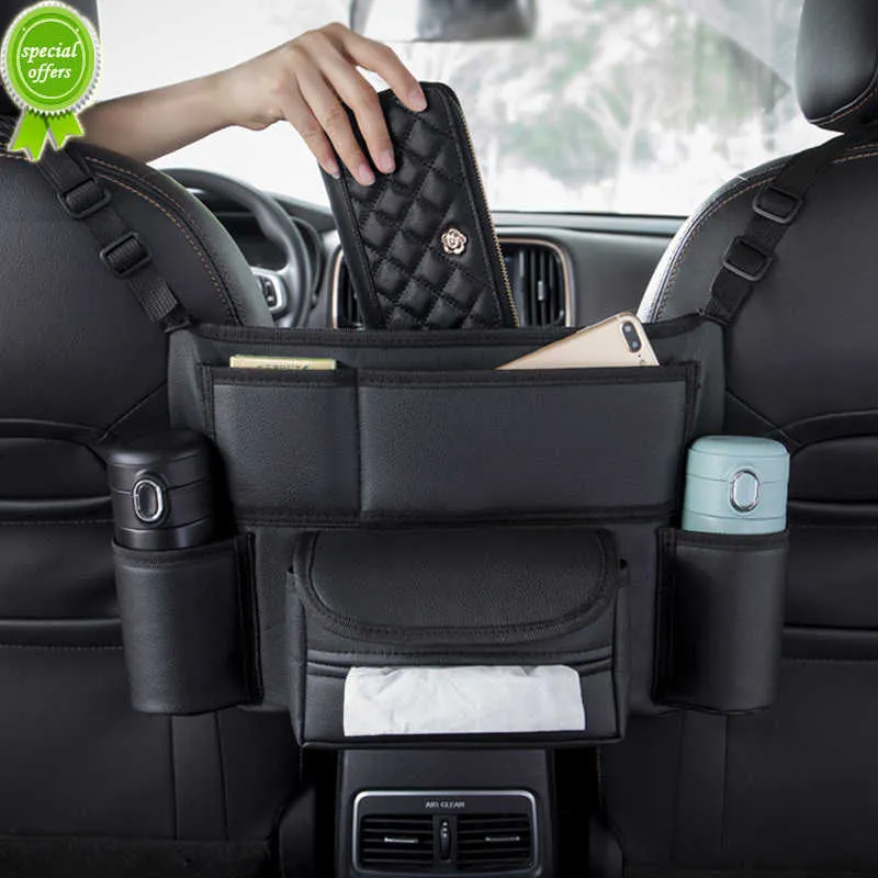 Leather Car Seat Organizer Middle Hanger Storage Bag with Handbag Holder Tissue Water Cup Pockets Keep Your Car Tidy